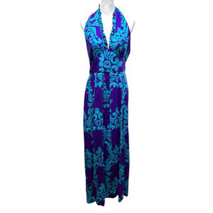 Hono-Lulu Vintage 70s Halter Maxi Dress Backless Hawaiian Barkcloth size L NWT